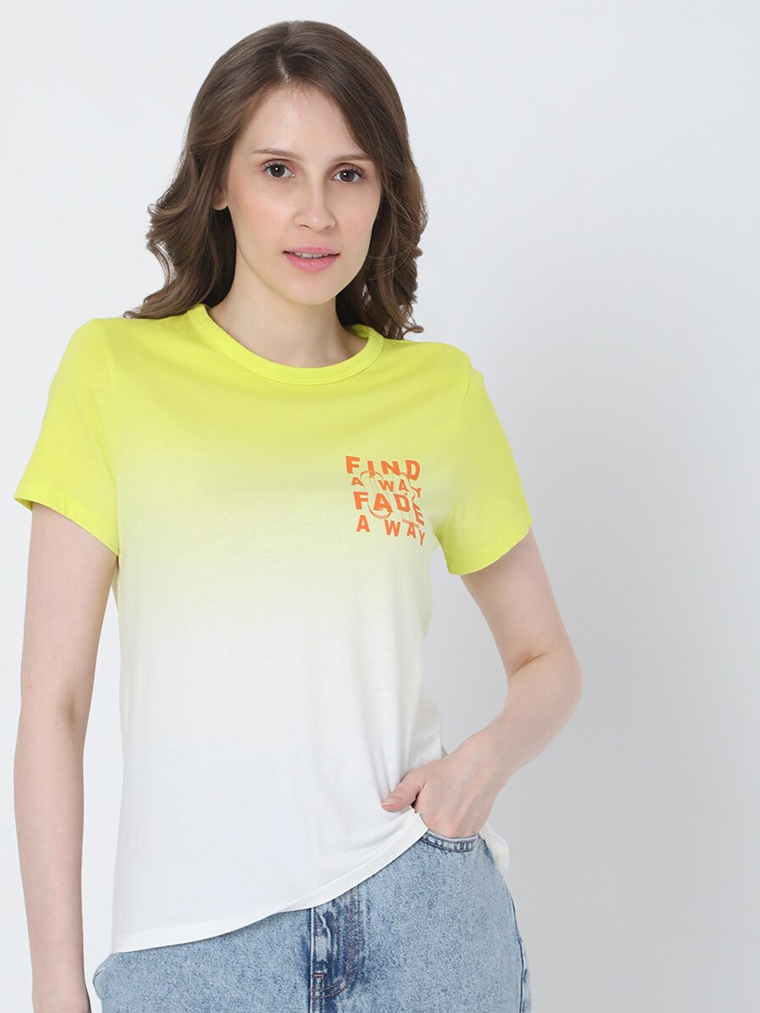 

Vero Moda Women White & Yellow Typography Dyed T-shirt