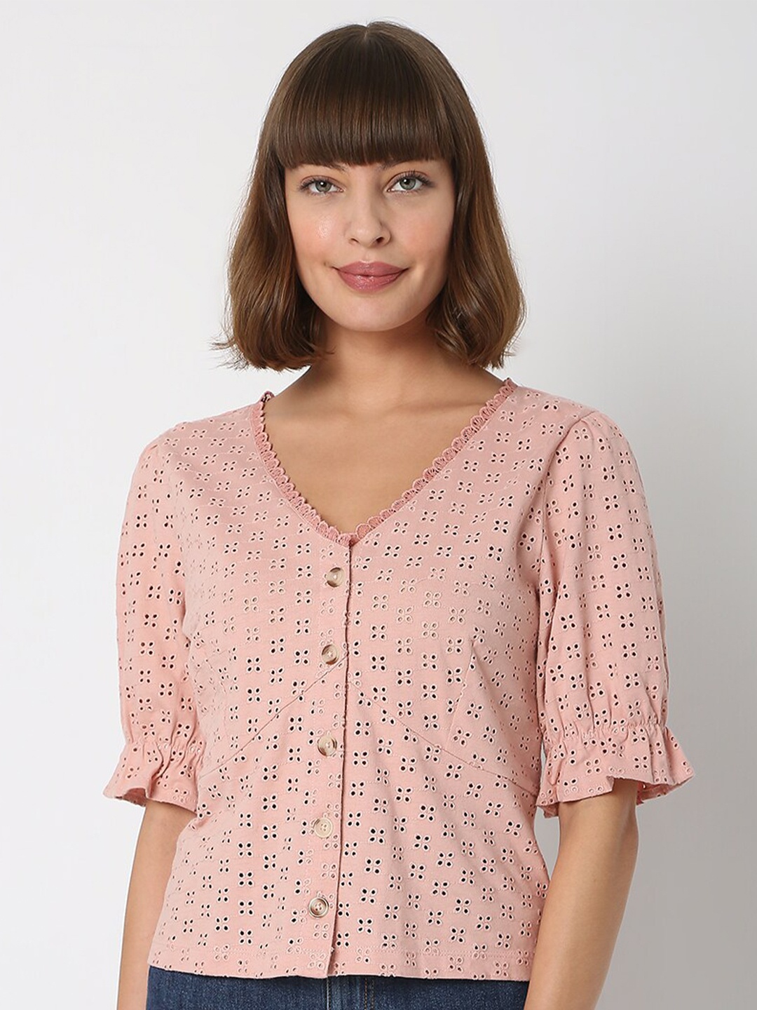 

Vero Moda Women Pink Colourblocked V-Neck T-shirt
