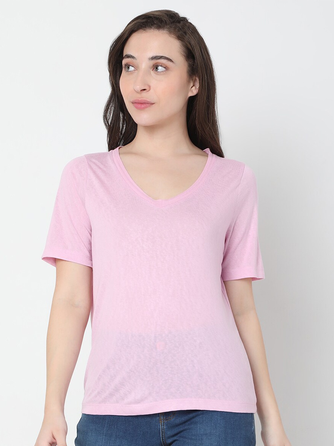 

Vero Moda Women Pink V-Neck T-shirt
