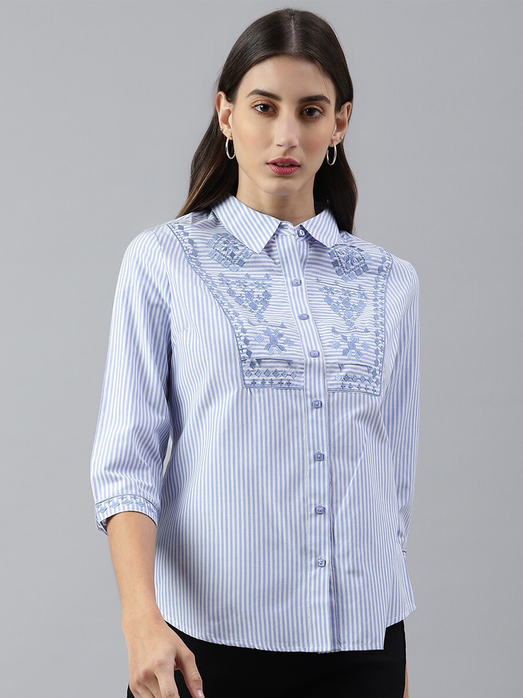 

Xpose Women Blue Comfort Slim Fit Striped Spread Collar Casual Shirt