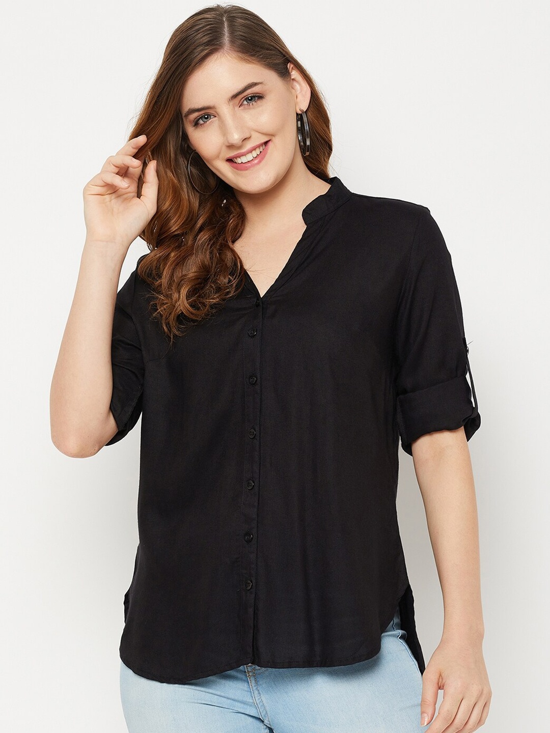 

Ruhaans Women Black Solid Classic Casual Shirt