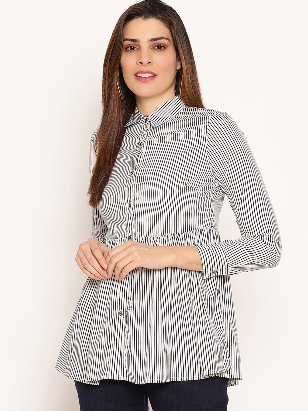 

Ruhaans Women White & Black Striped Shirt Style Longline Top