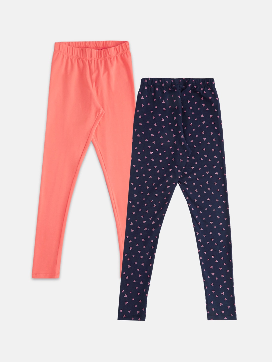 

Pantaloons Junior Girls Pack Of 2 Solid Peach and Navy Blue Churidar Length Leggings