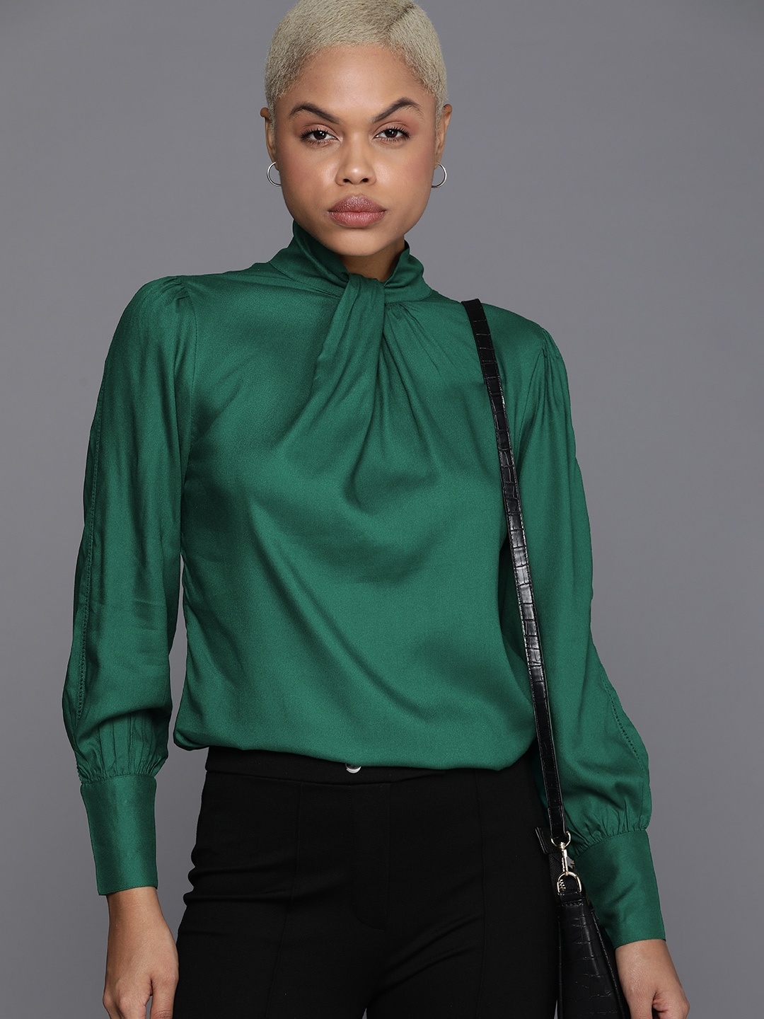 

Kenneth Cole Annodata Women Dark Green Knotted Neck Cuffed Sleeves Top