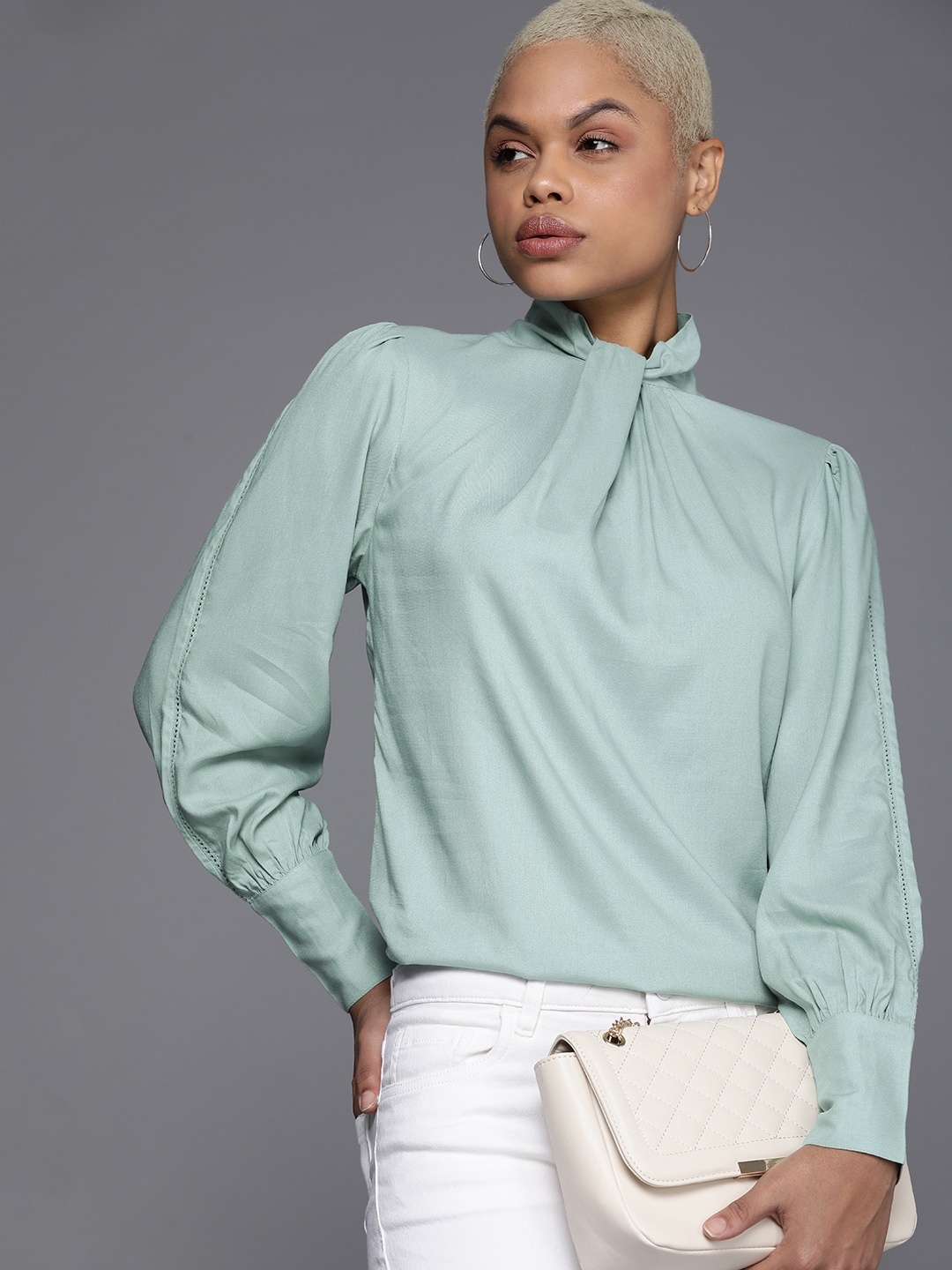 

Kenneth Cole Annodata Women Mint Green Knotted Neck Cuffed Sleeves Top