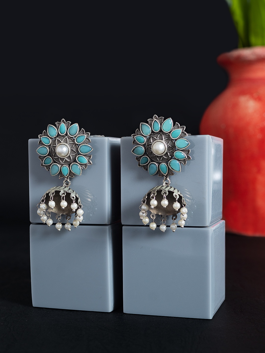 

Golden Peacock Turquoise Blue & White Dome Shaped Drop Earrings
