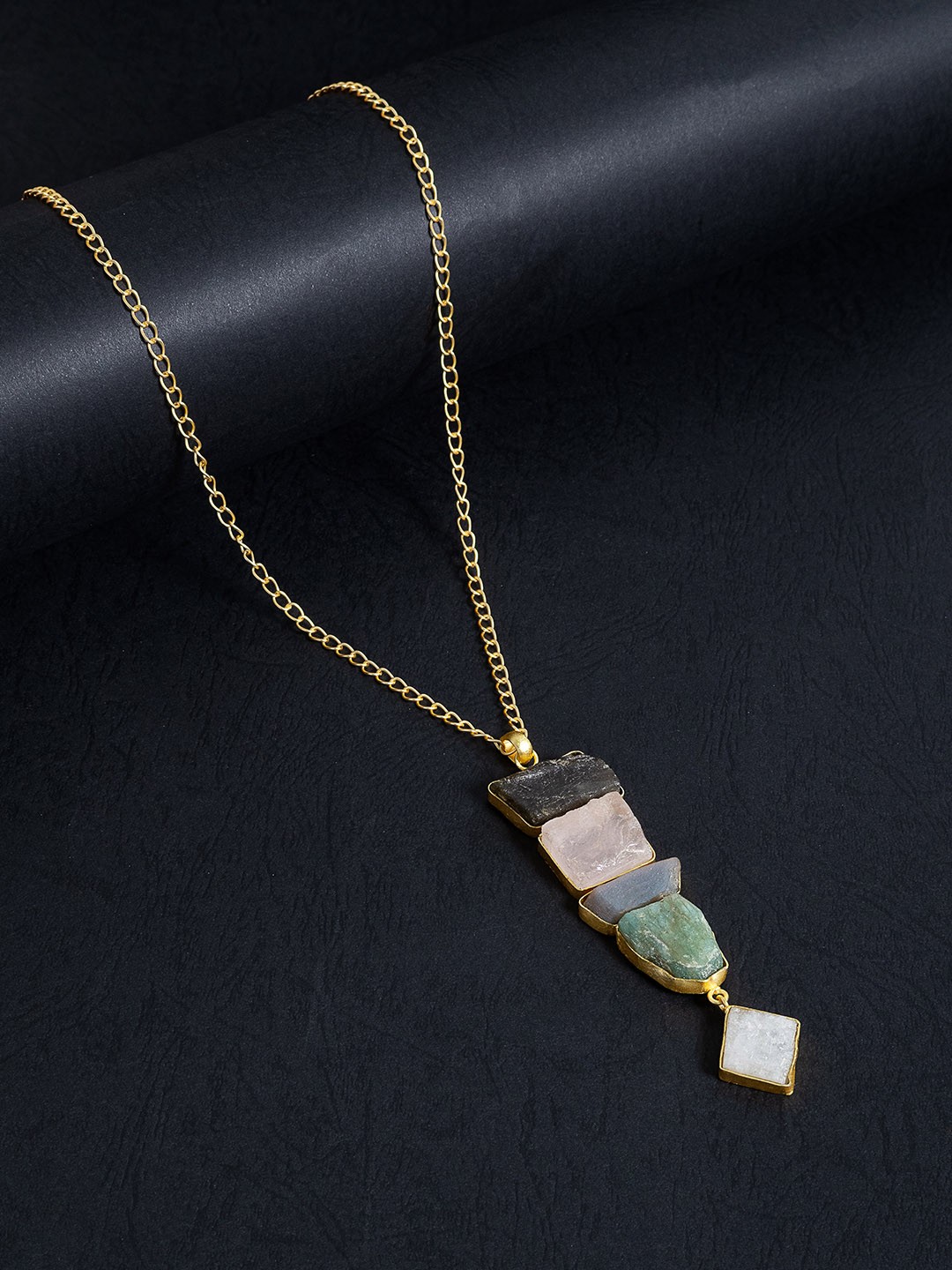 

Golden Peacock Pink & Green Stone Studded Necklace