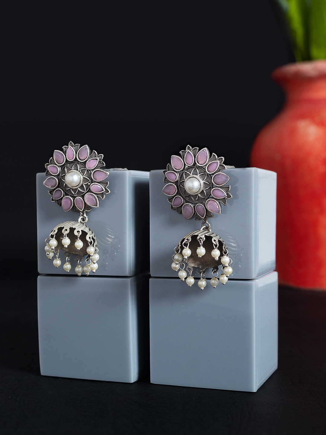 

Golden Peacock Pink & Silver-Toned Dome Shaped Jhumkas Earrings