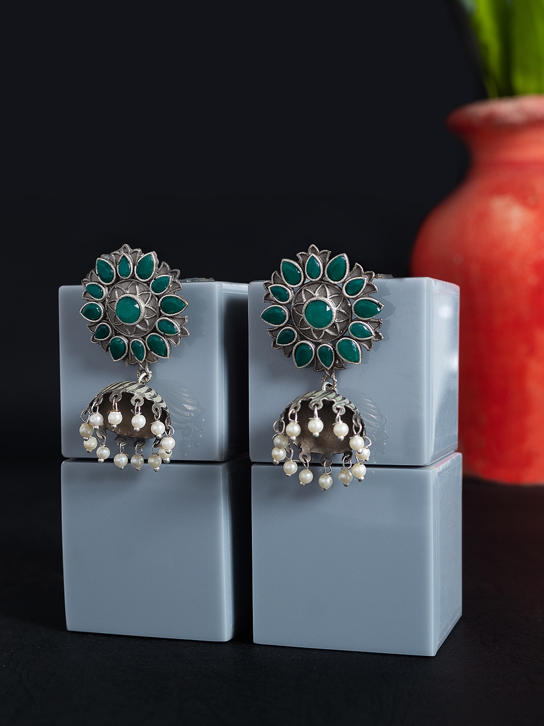 

Golden Peacock Green & Silver-Toned Dome Shaped Jhumkas Earrings