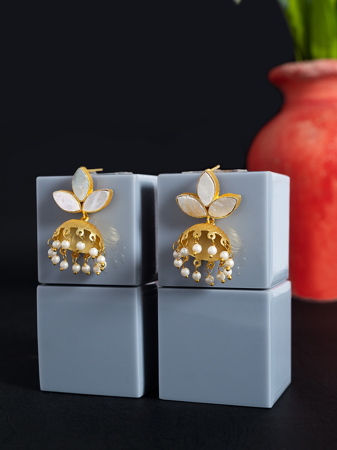 

Golden Peacock Gold-Toned & White Dome Shaped Drop Earrings