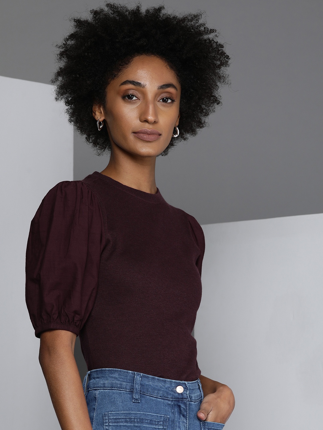 

Kenneth Cole Alfil Women Burdungy Solid Puff Sleeves Avant Moda T-shirt, Burgundy