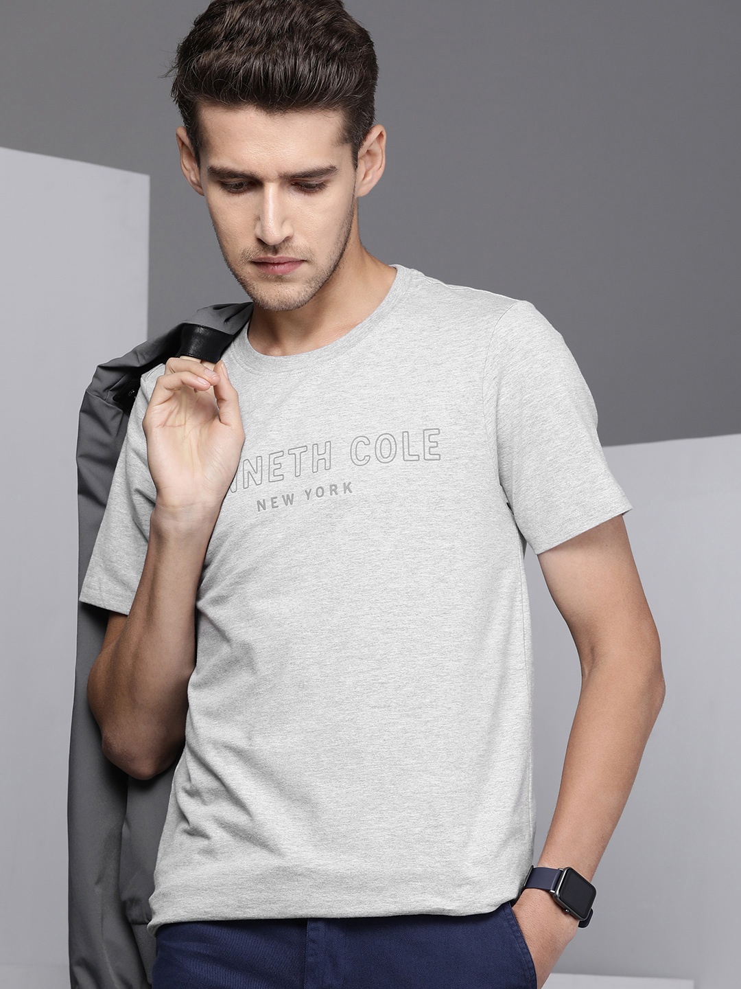 

Kenneth Cole Monoglyph Men Grey Logo Print Round Neck Signature T-shirt