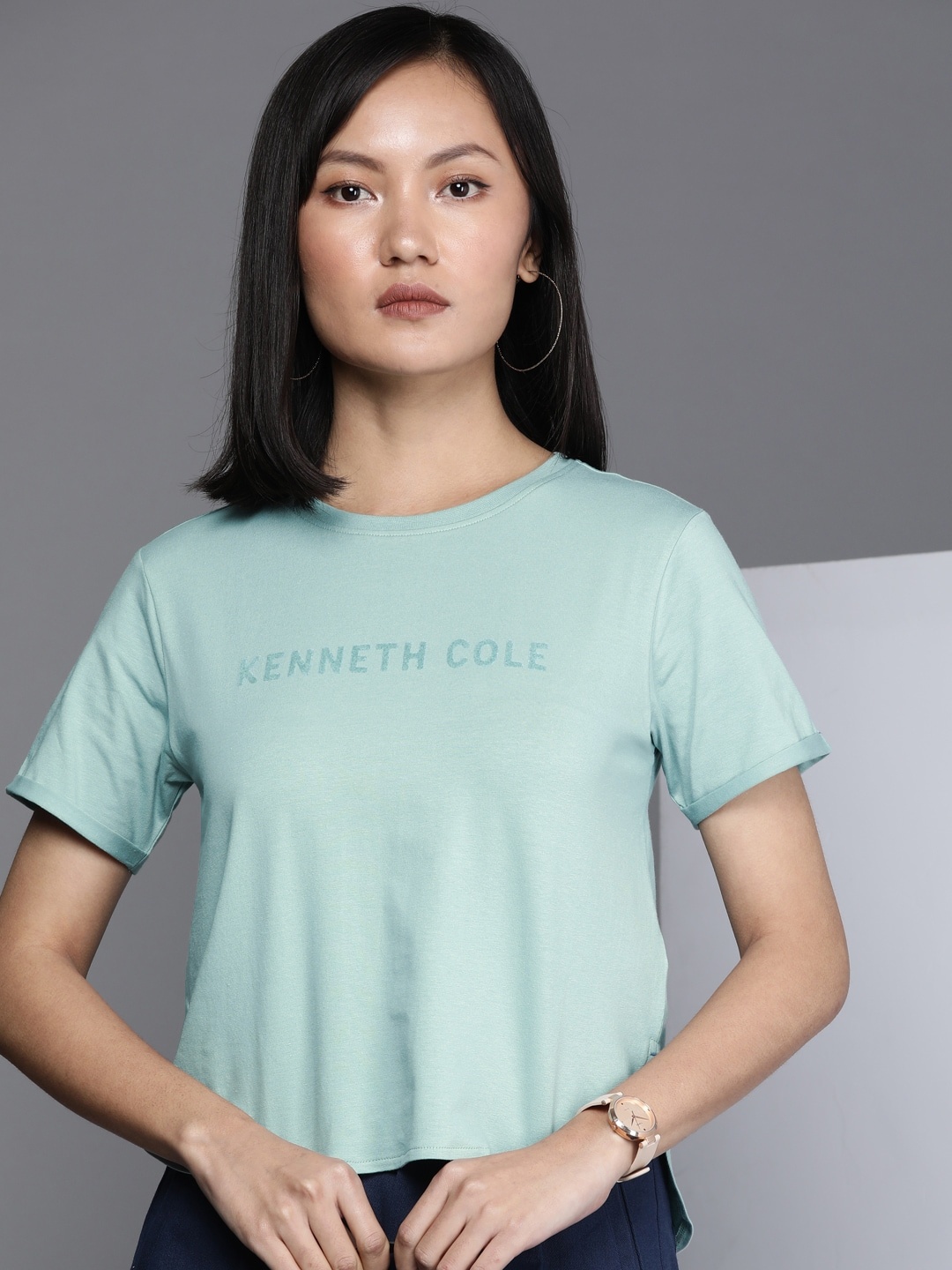 

Kenneth Cole Women Sea Green Brand Logo T-shirt