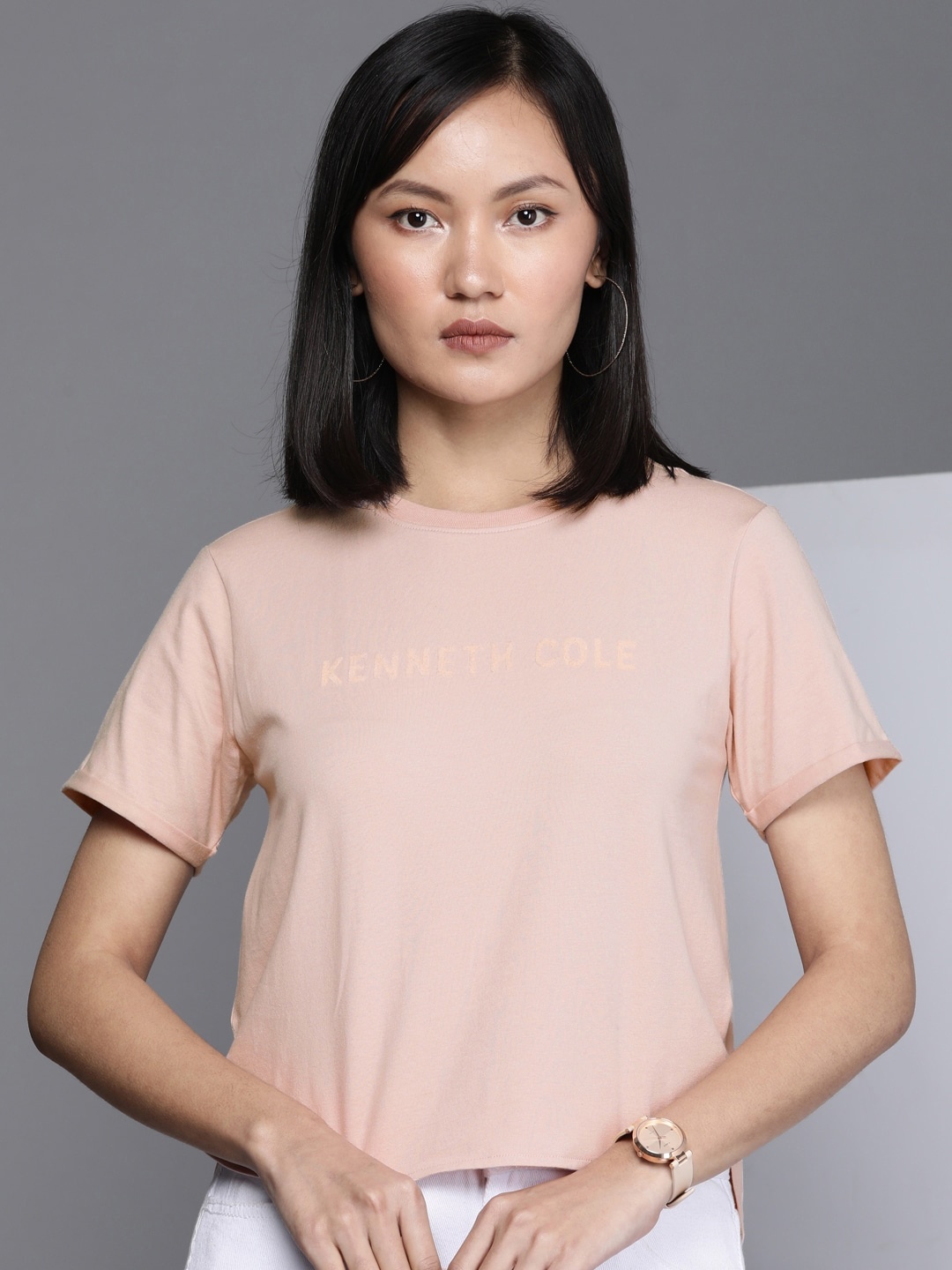 

Kenneth Cole Women Peach-Coloured Brand Logo T-shirt