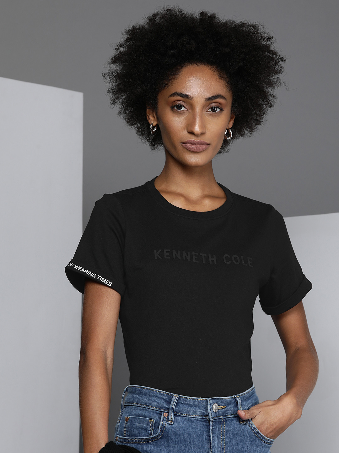 

Kenneth Cole Di Basia Women Black Brand Logo Printed Essentails- 2.0 T-shirt