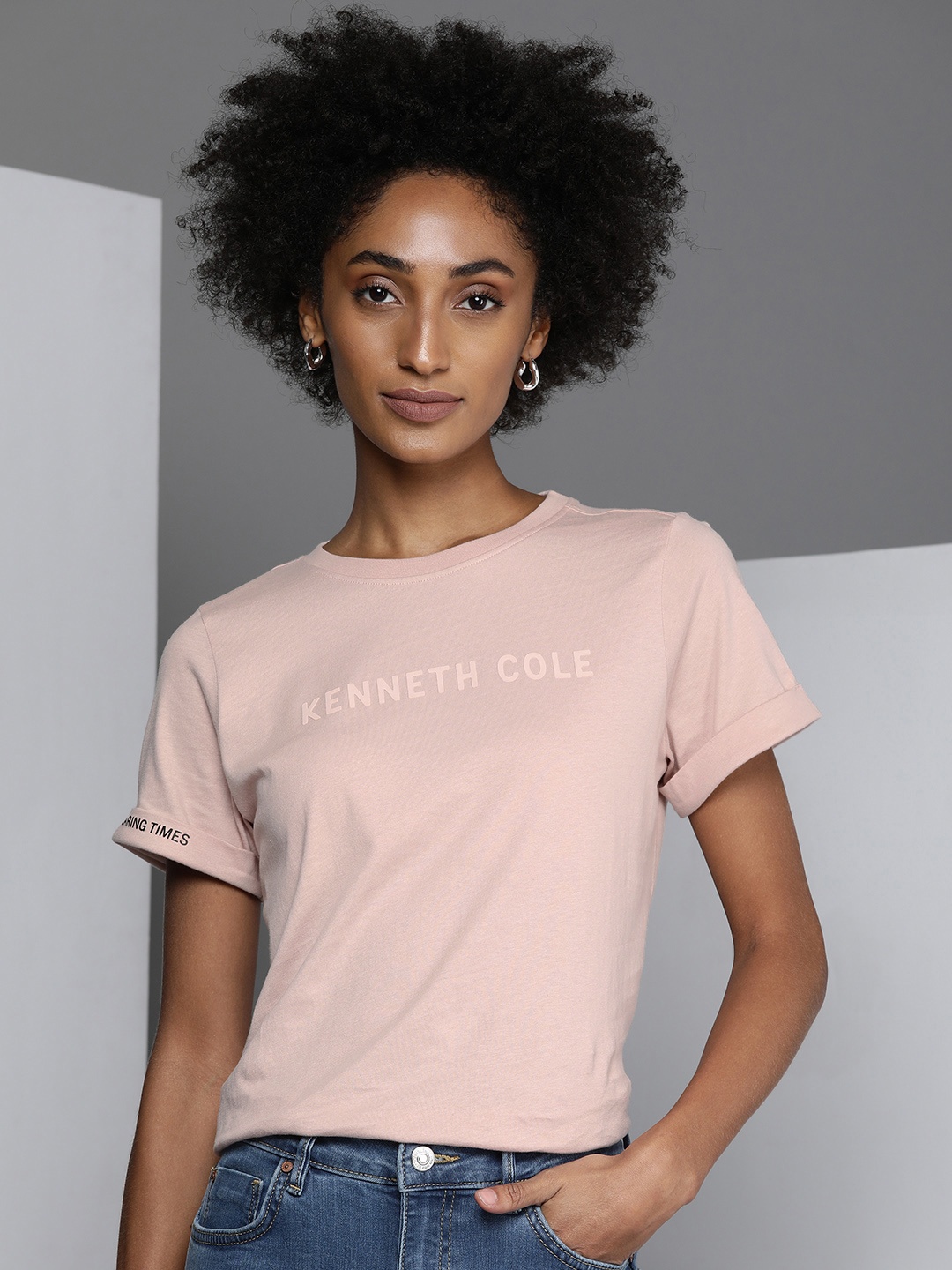 

Kenneth Cole Di Basia Women Black Brand Logo Printed Essentails- 2.0 T-shirt, Peach