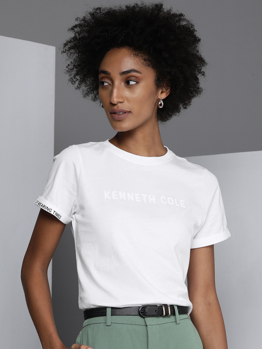 

Kenneth Cole Di Basia Women White Brand Logo Printed Essentails- 2.0 T-shirt