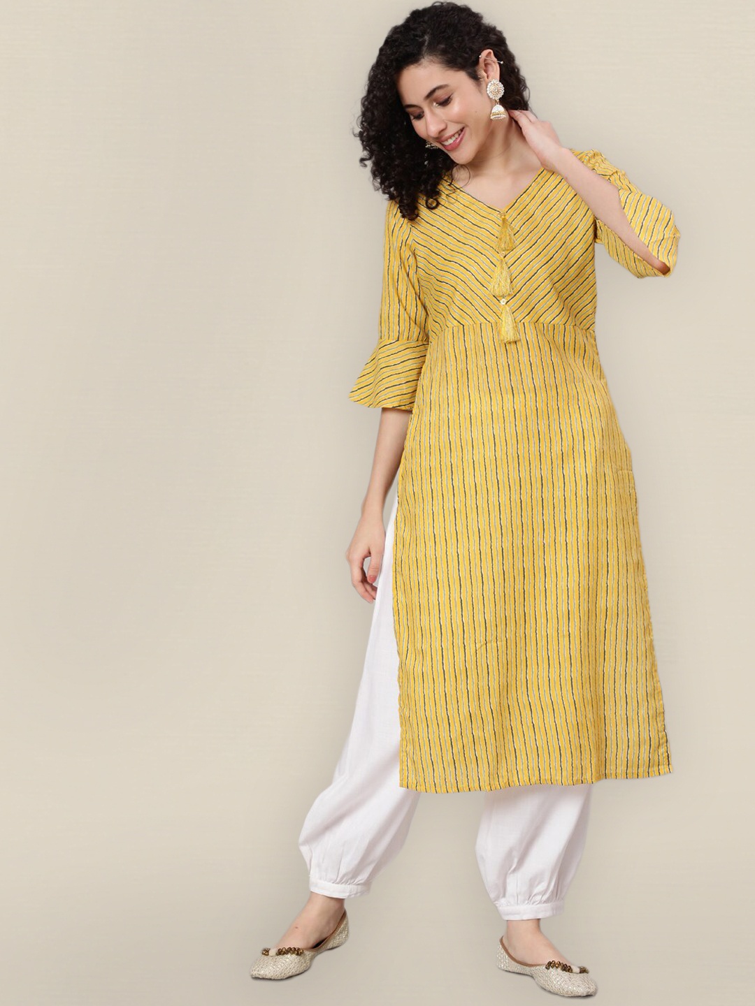 

Sangria Women Yellow Striped Bell Sleeves Kurta