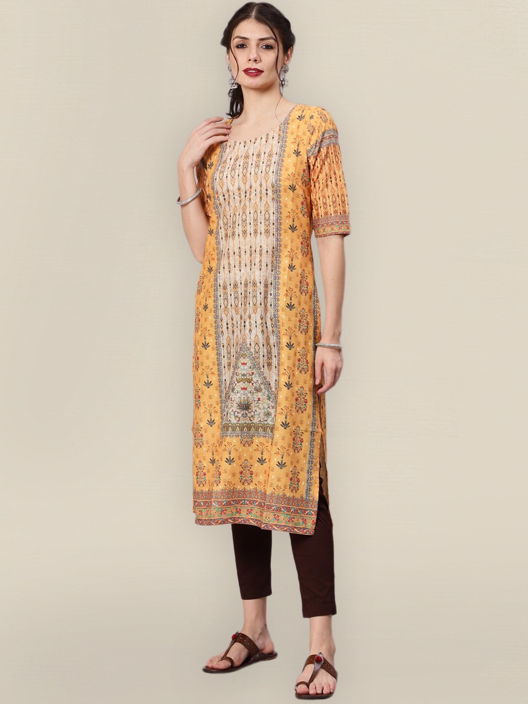 

Sangria Women Yellow & Beige Ethnic Motifs Printed Kurta