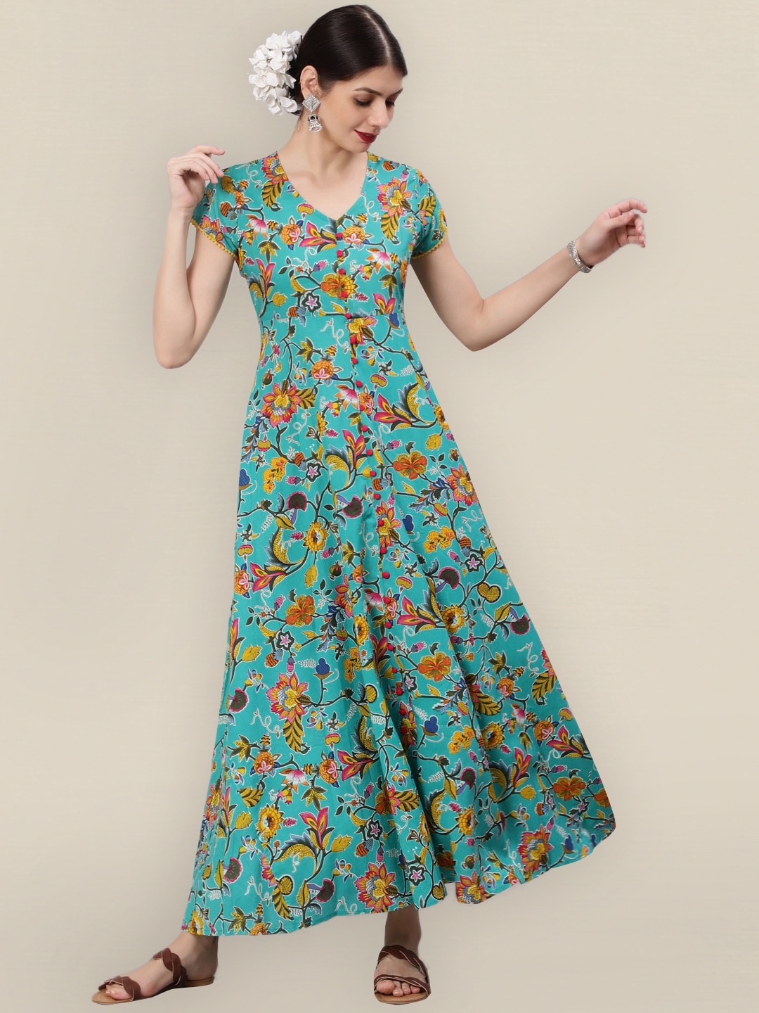 

Sangria Women Green Floral Printed Ethnic Maxi Dress