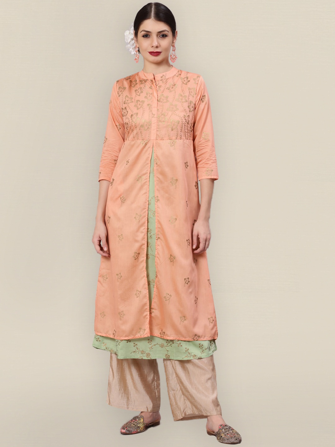 

Sangria Women Peach Coloured & Green Printed Double Layered Kurta