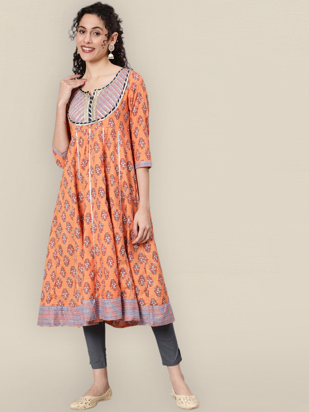 

Sangria Women Orange & Grey Floral Printed Cotton Anarkali Kurta