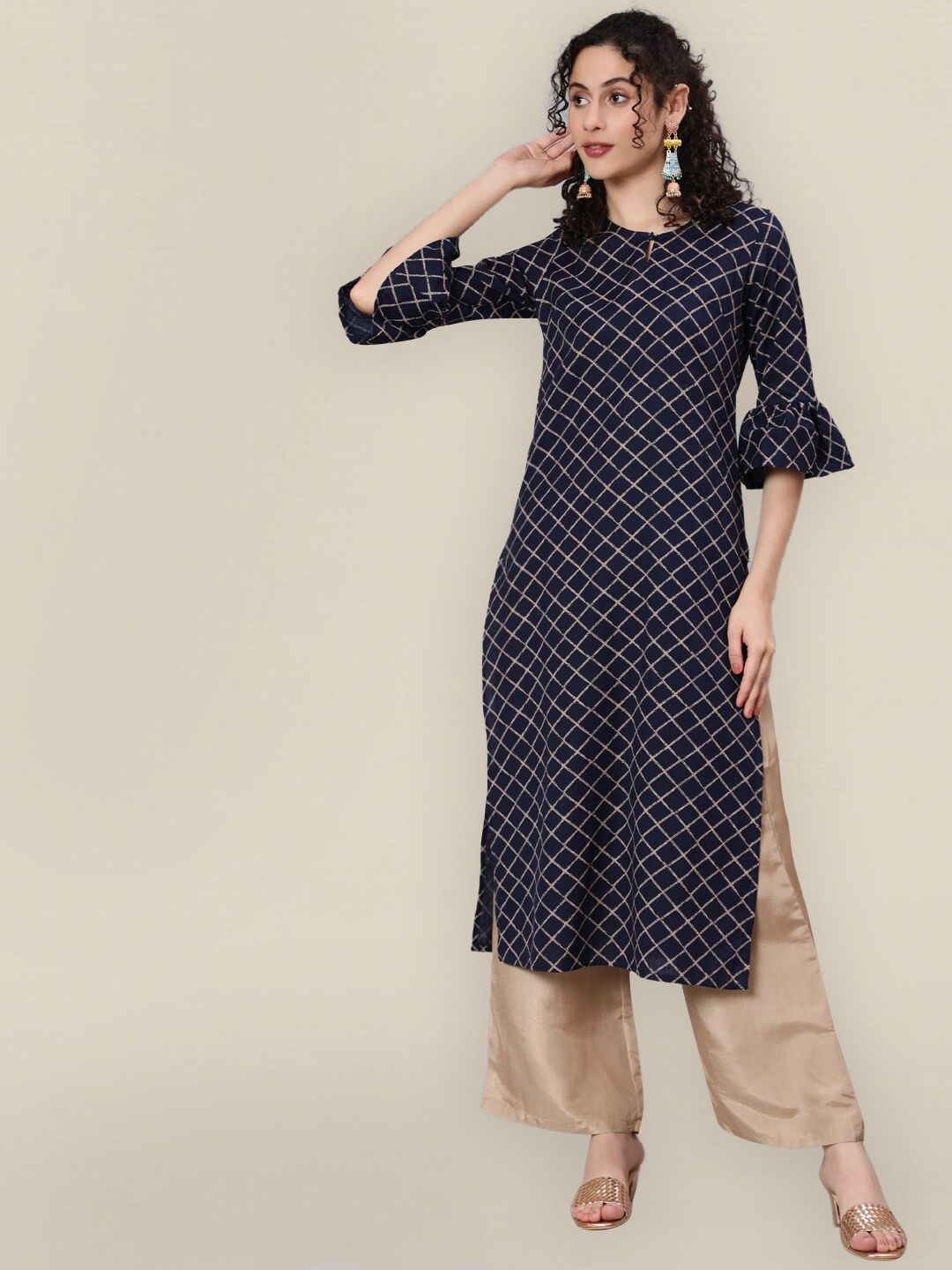 

Sangria Women Navy Blue Checked Keyhole Neck Flared Sleeves Kurta