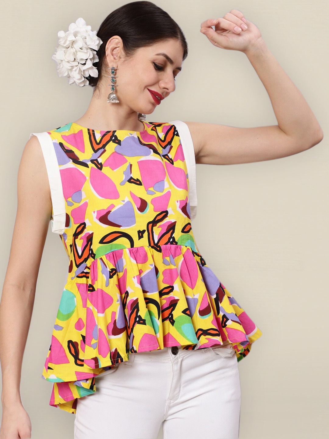 

Sangria Yellow & Pink Printed Peplum Top