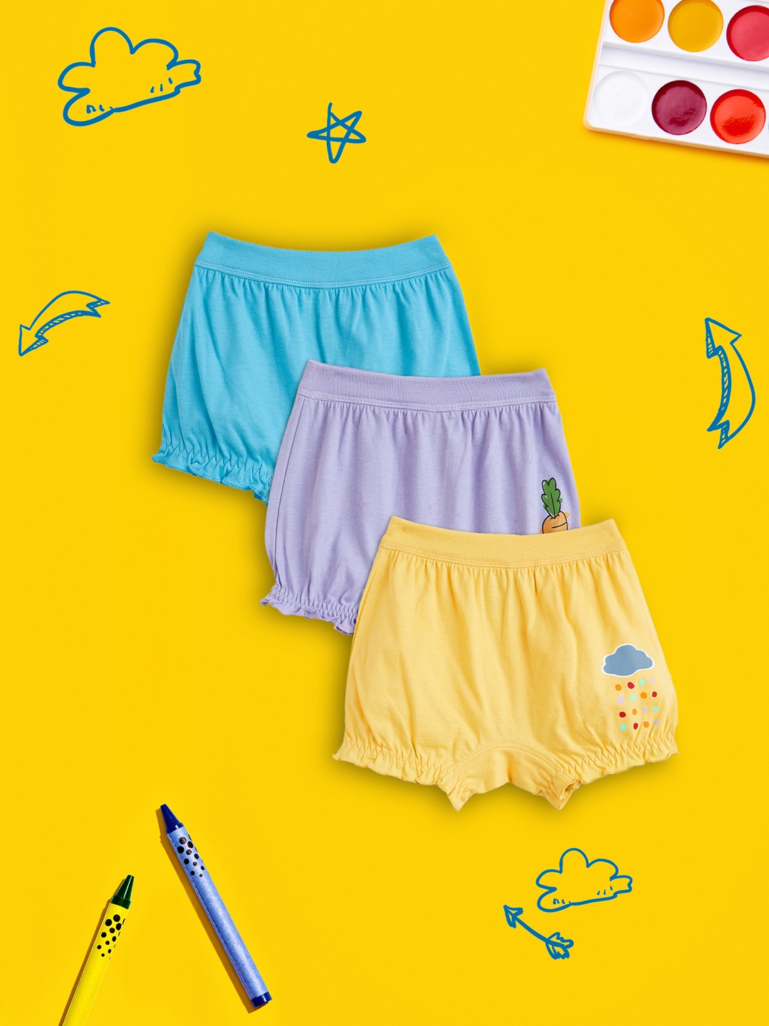 

XY Life Girls Pack Of 3 Blue & Yellow Super Combed Cotton Bloomers