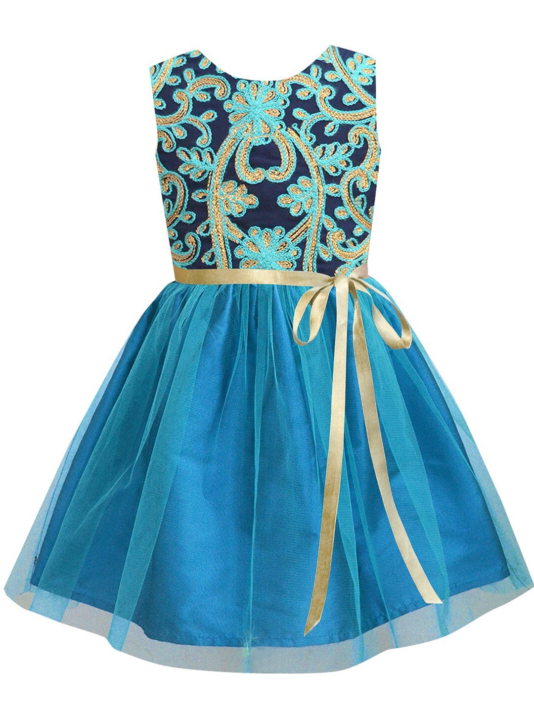 

A T U N Turquoise Blue & Gold-Toned Floral Embroidered Net Dress