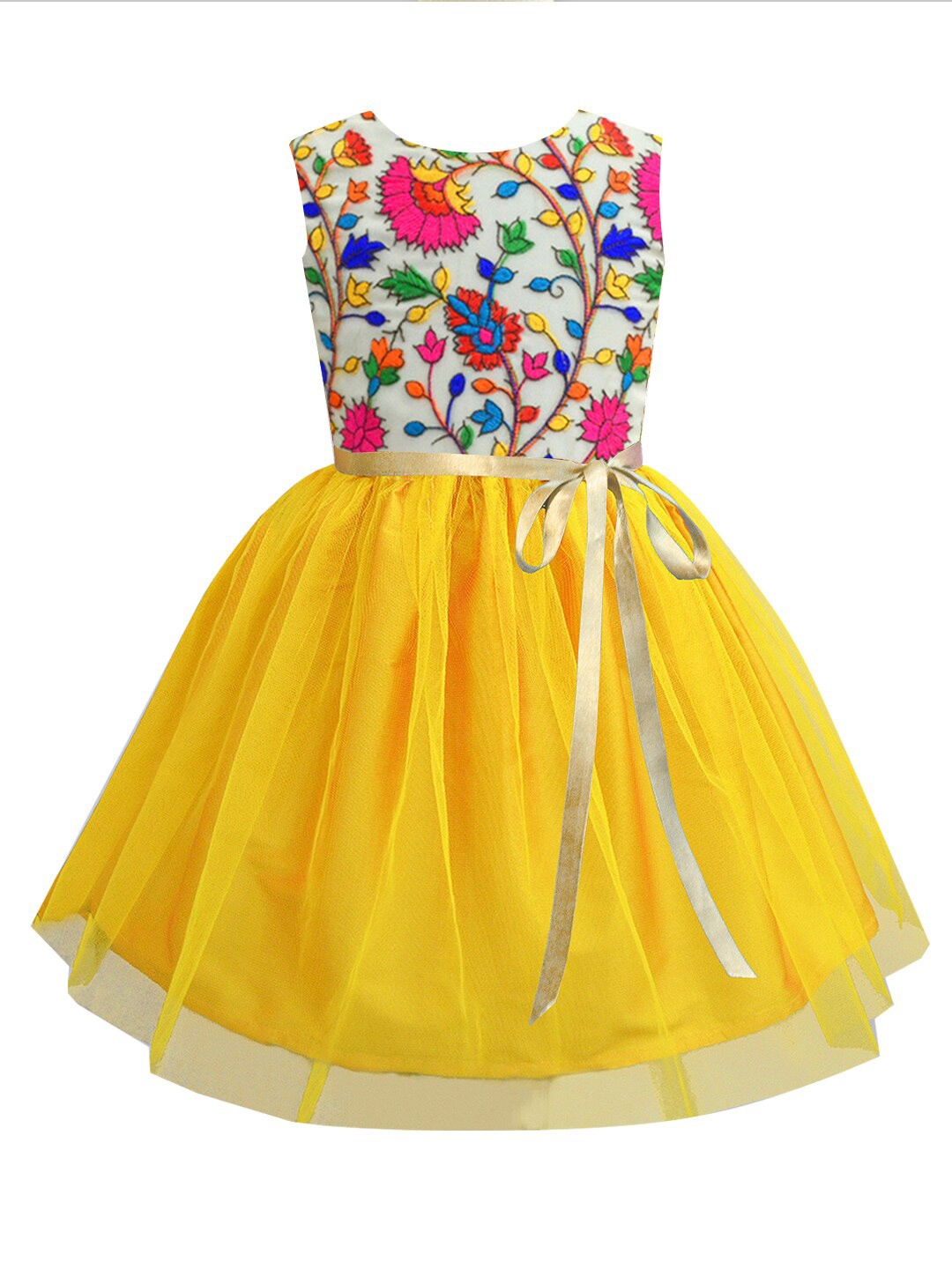 

A T U N Kids Girls Mustard Yellow Embroidered Floral Net Dress