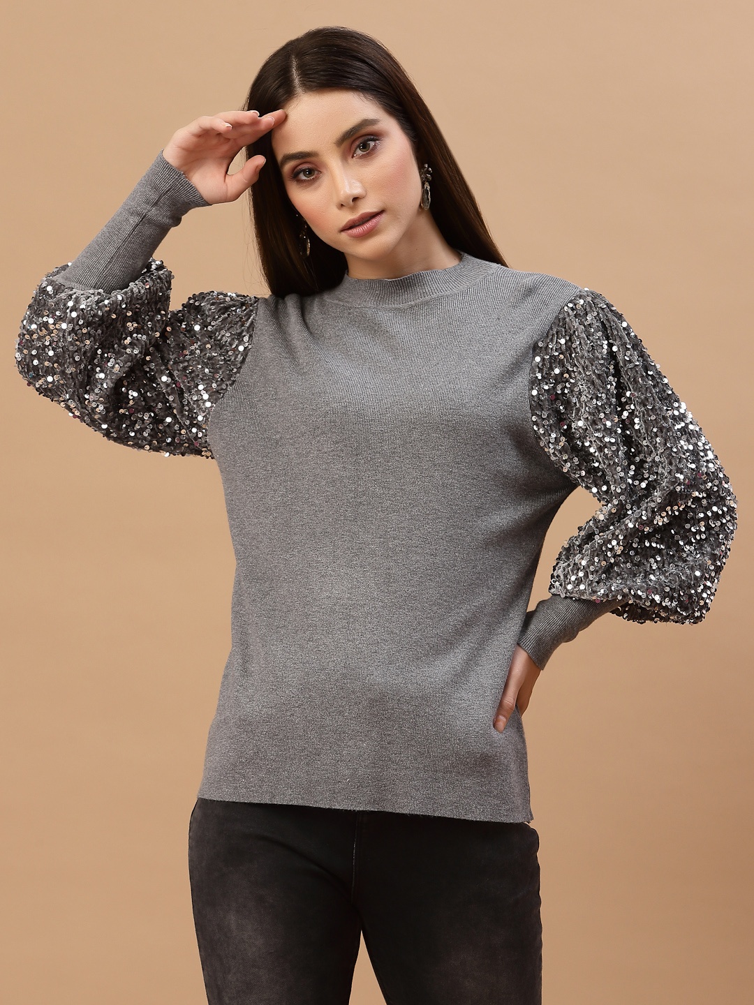 

Mafadeny Women Grey & Black Pullover with Embellished Detail