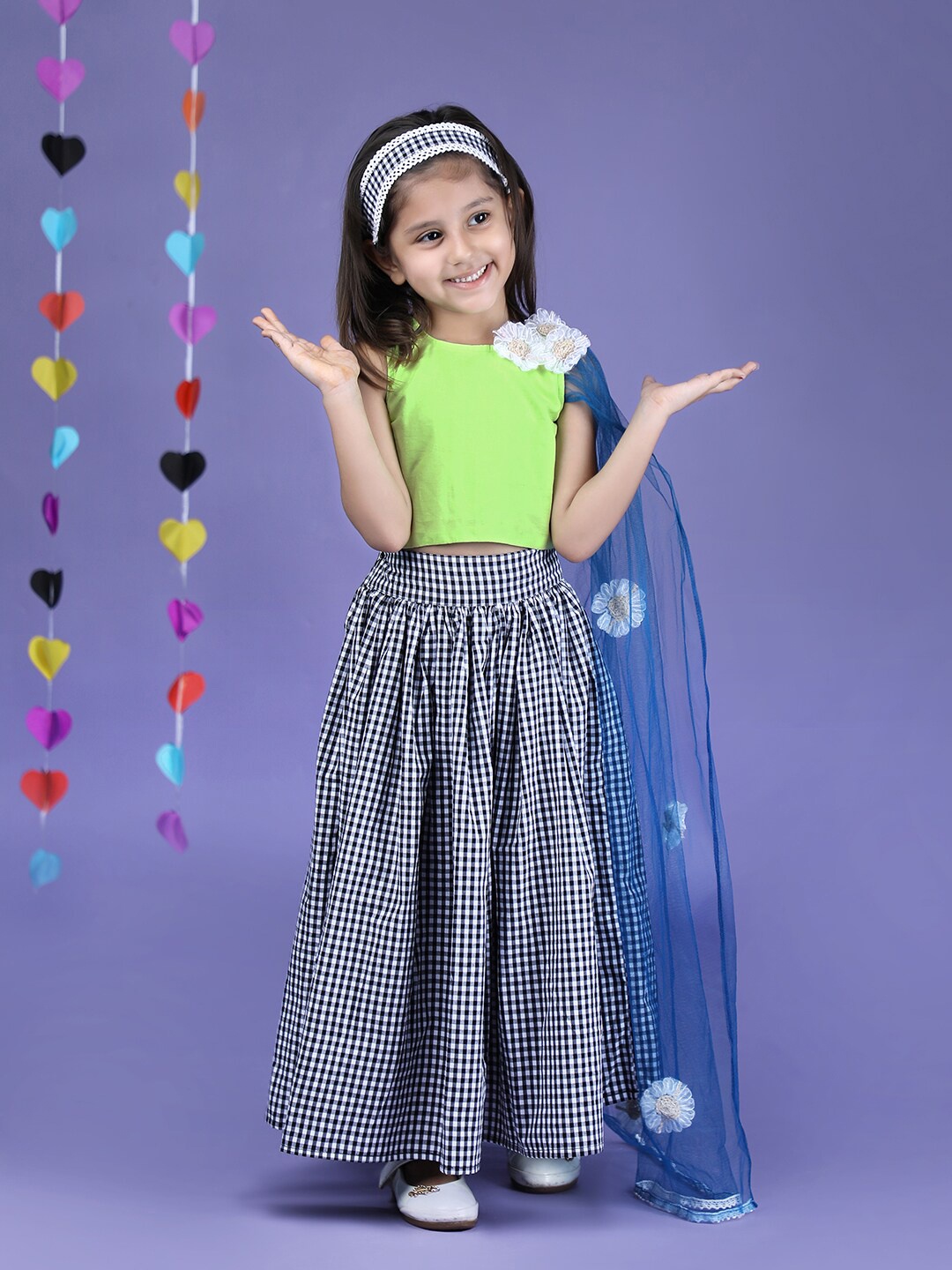

Beyabella Girls Green & Blue Embellished Top with Skirt Set & With Hair Band