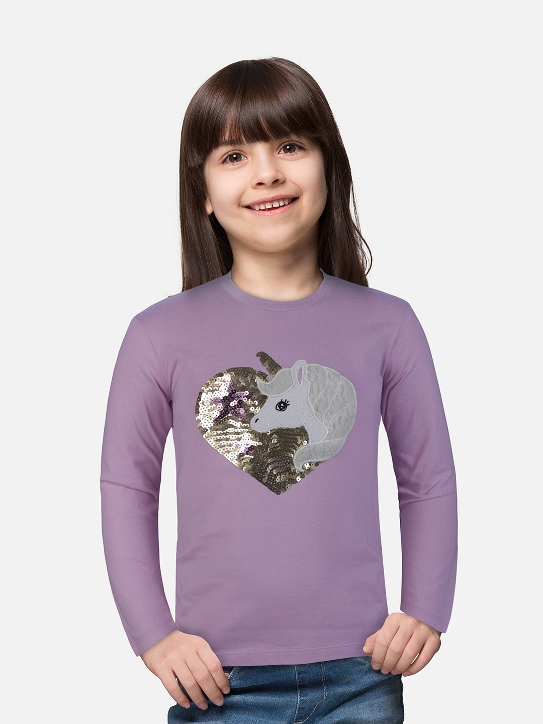 Gini and Jony Kids Girls Lavender Sequinned Printed Unicorn Top