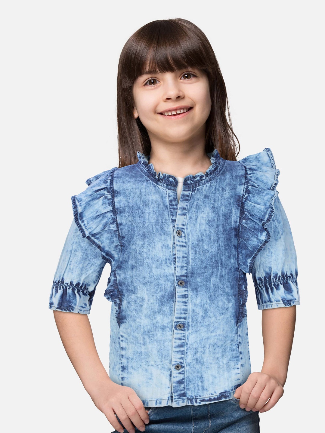 

Gini and Jony Kids Girls Blue Print Mandarin Collar Layered Denim Shirt Style Top