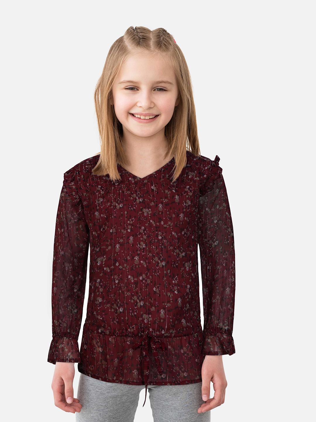 

Gini and Jony Red Floral Print Ruffles Cinched Waist Top