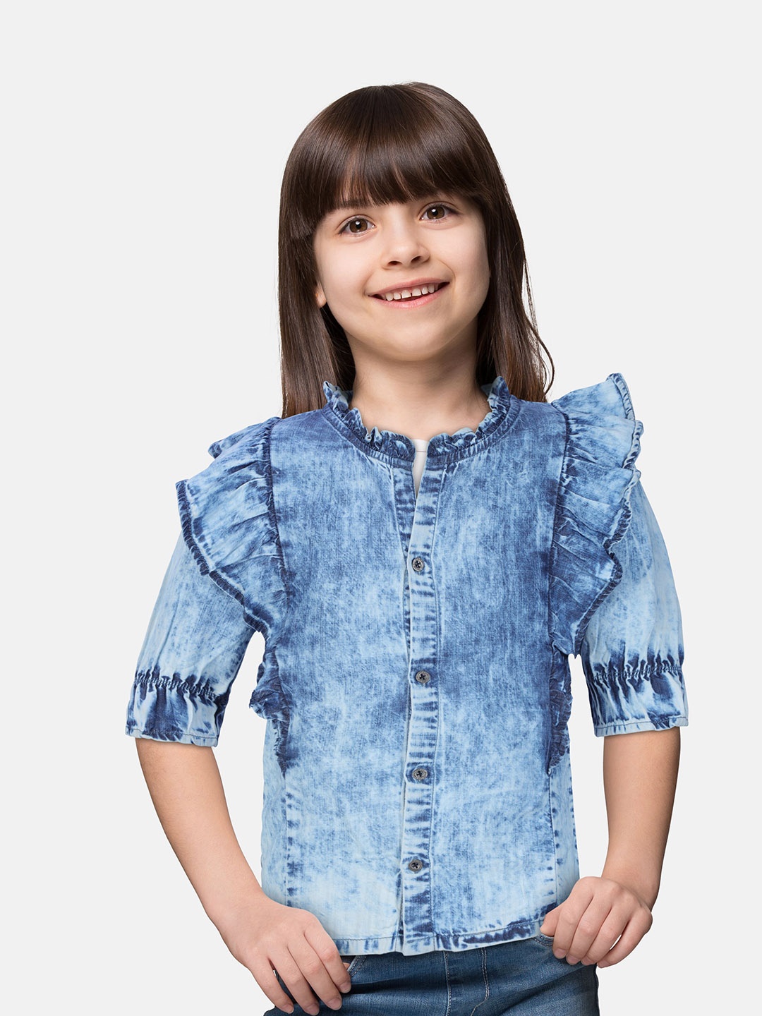 

Gini and Jony Blue Mandarin Collar Denim Shirt Style Top