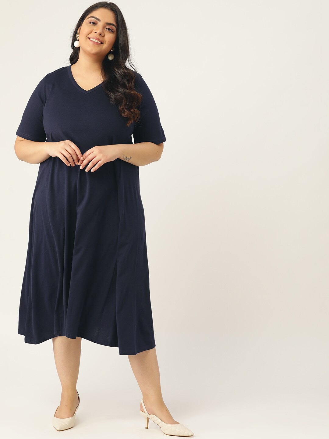 

theRebelinme Women Navy Blue Solid Cotton Midi A-Line Dress