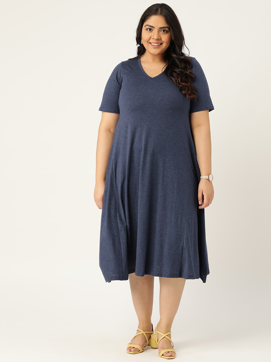 

theRebelinme Plus Size Blue Solid A-Line Midi Dress