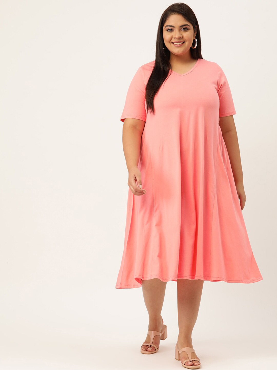 

theRebelinme Plus Size Peach-Coloured A-Line Midi Dress