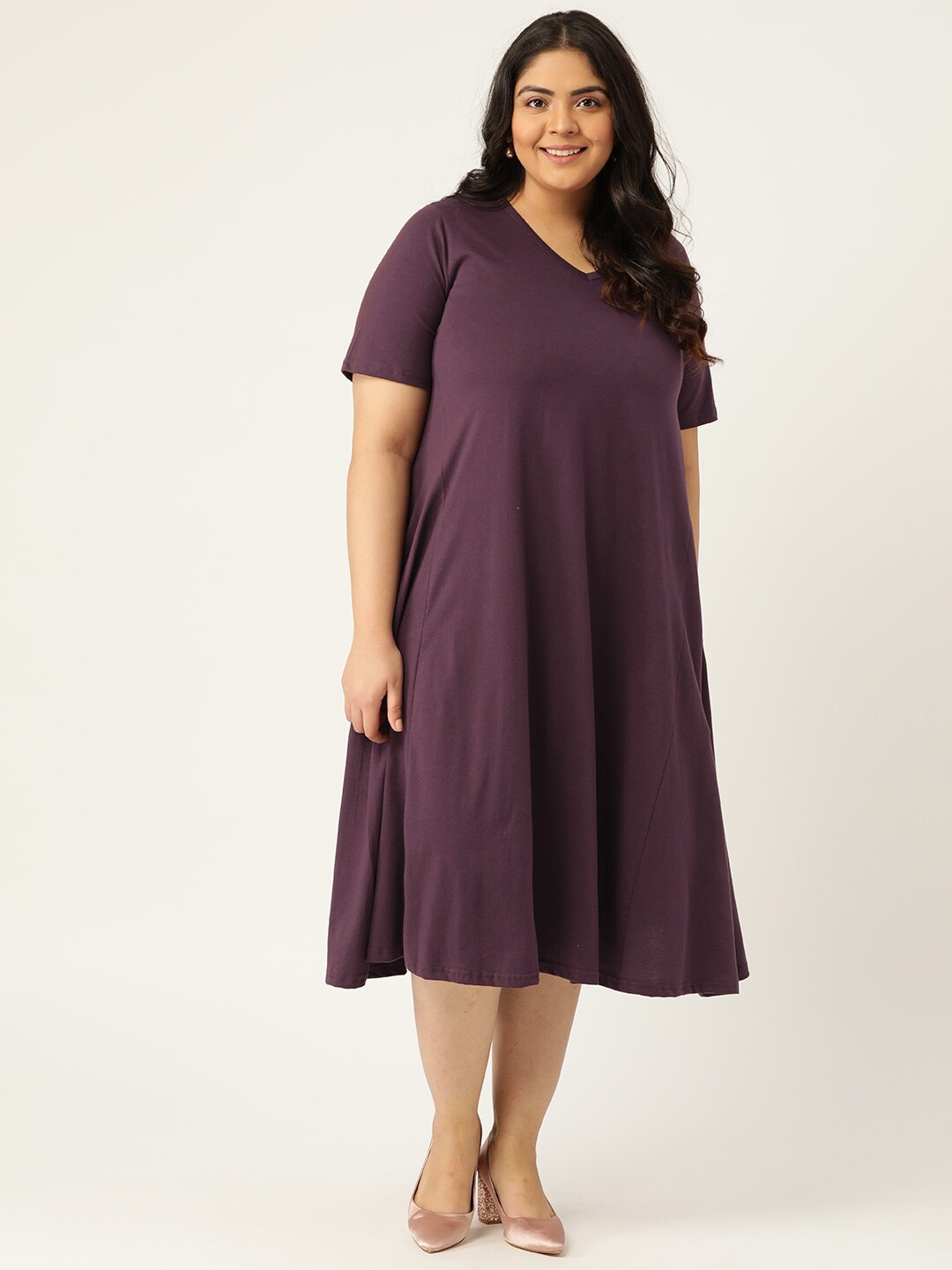 

theRebelinme Plus-Size Purple Pure Cotton A-Line Midi Dress