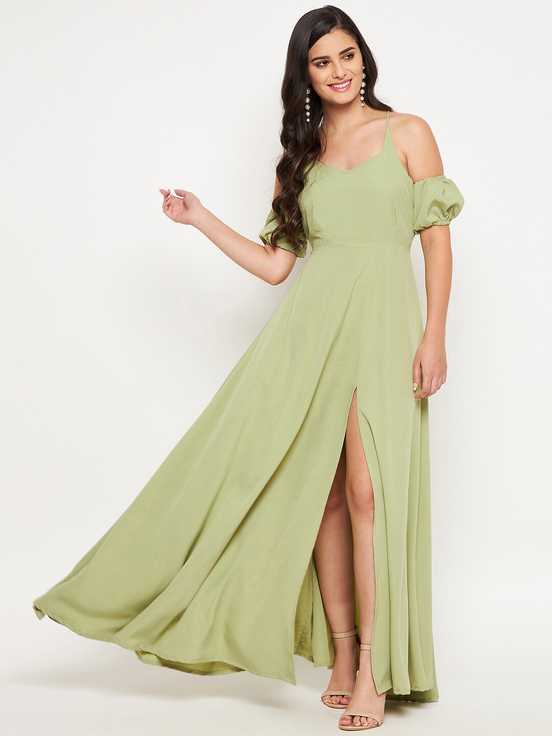 

WineRed Green Crepe Front Slit Maxi Dress