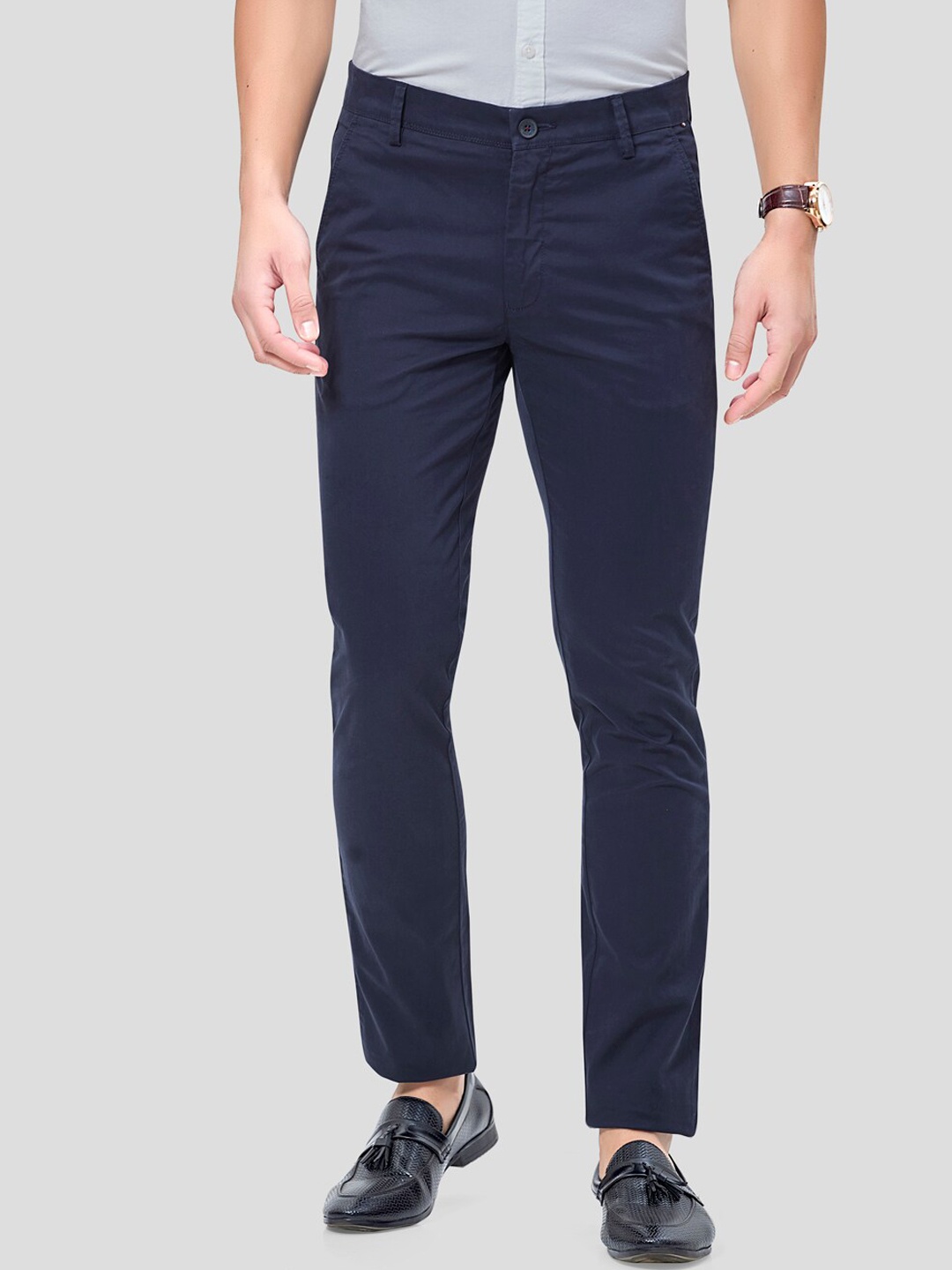 

J Hampstead Men Navy Blue Smart Slim Fit Wrinkle Free Chinos Trousers