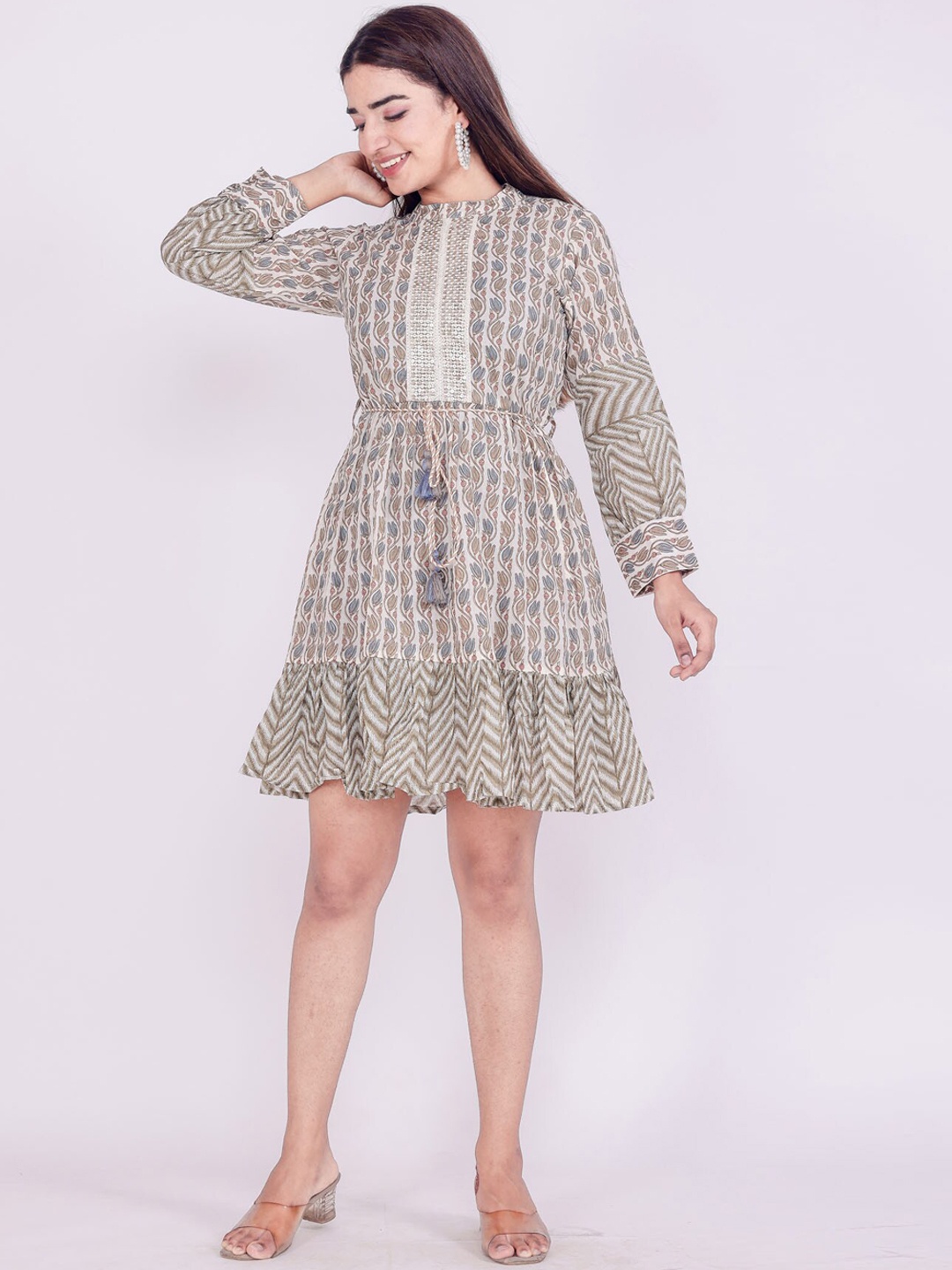 

FASHION DWAR Women Multicolour Printed Casual Fit And Flare Dress, Beige