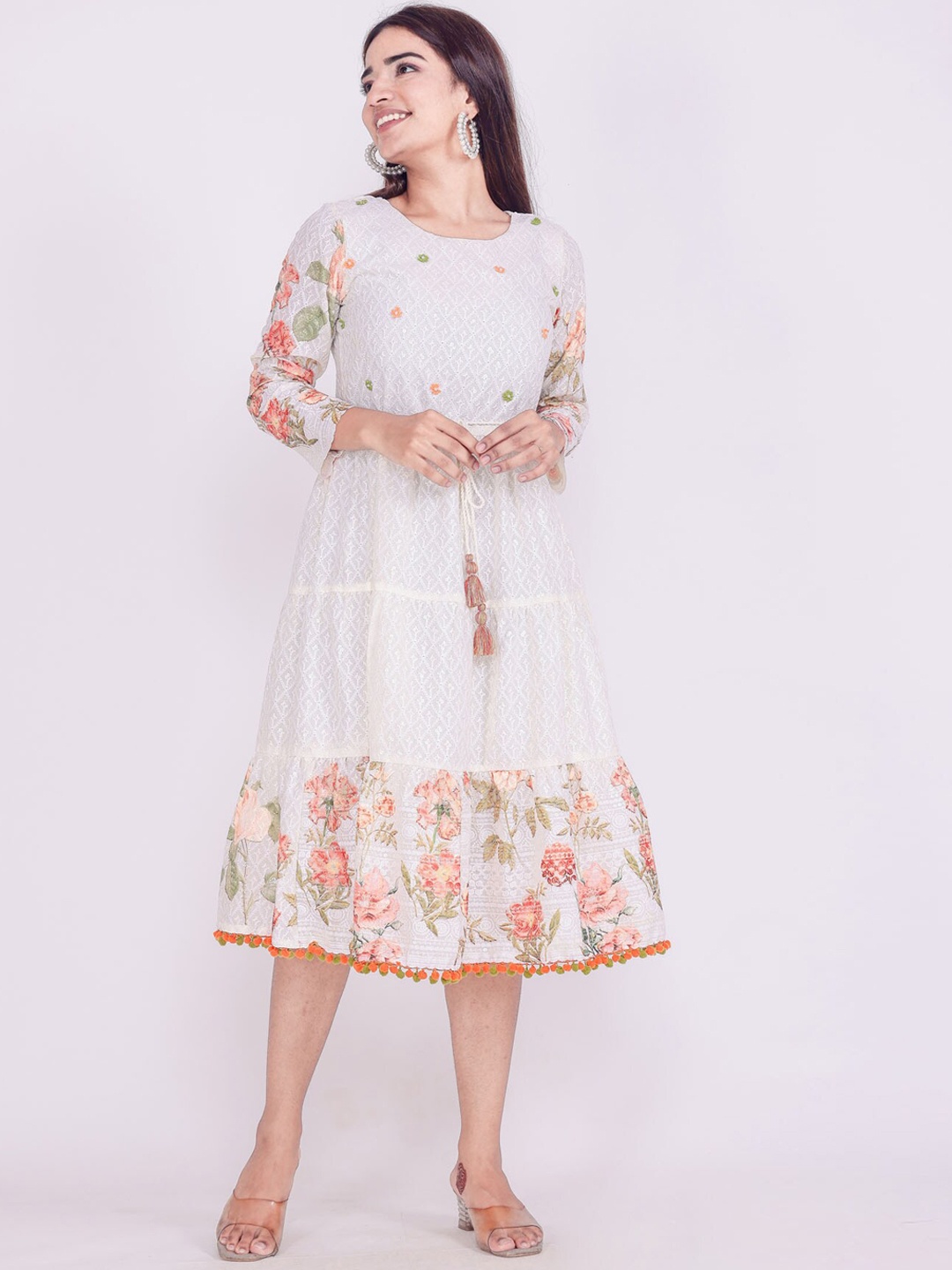 

FASHION DWAR Women White Self Design And Printed A-Line Ethnic Dress With A Belt