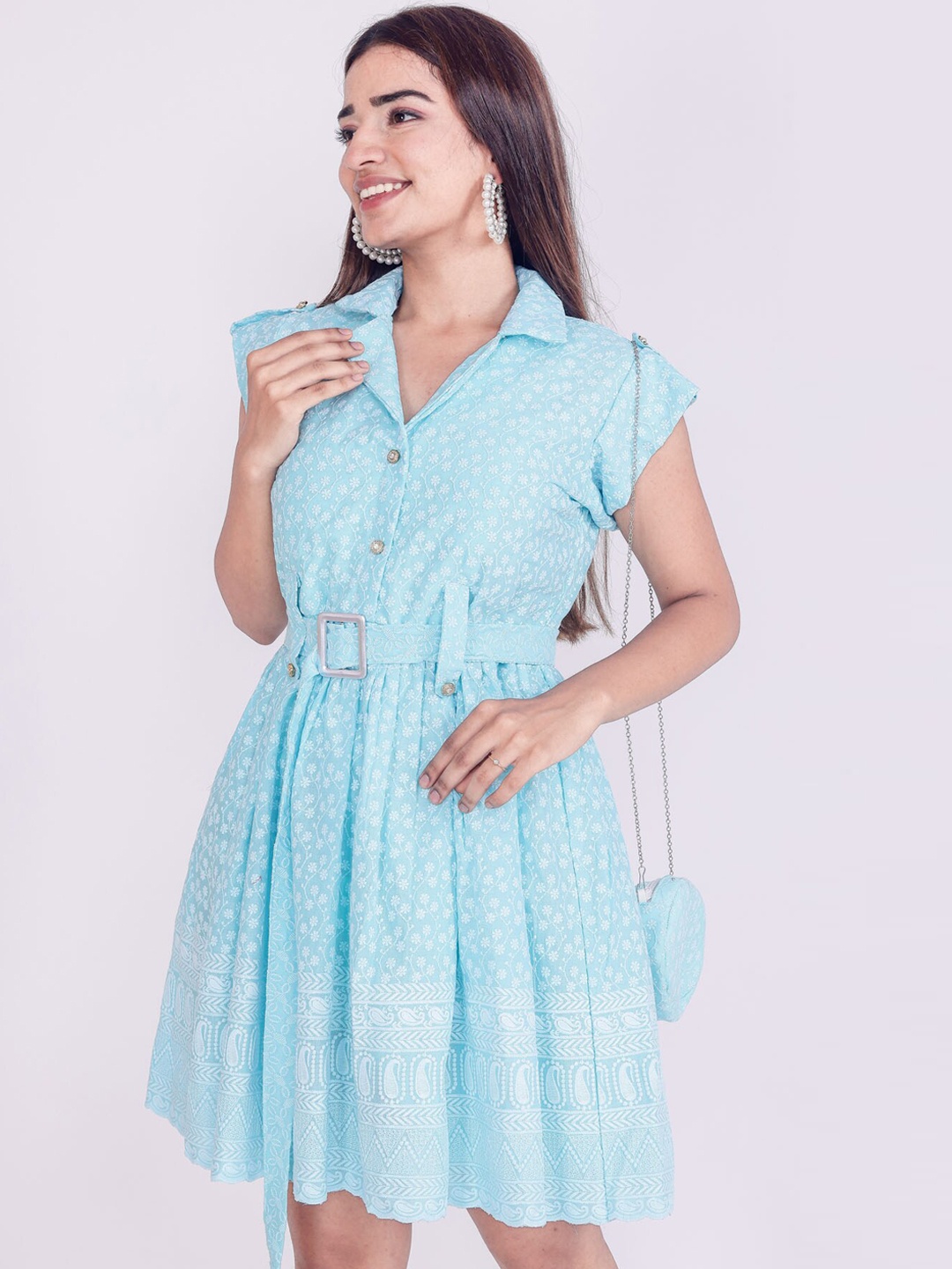

FASHION DWAR Women Blue Floral Printed Ethnic Dresses With A Sling Bag