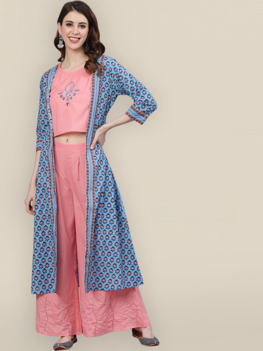 

Sangria Women Pink Embroidered Crop Top With Palazzo & Jacket