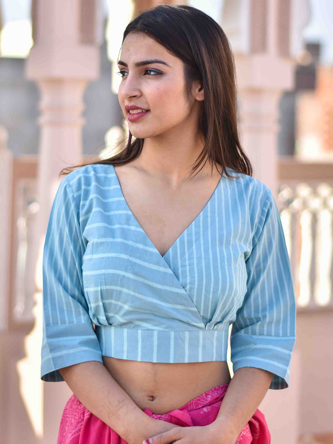 

Chidiyaa Blue Striped Pure Cotton Saree Blouse
