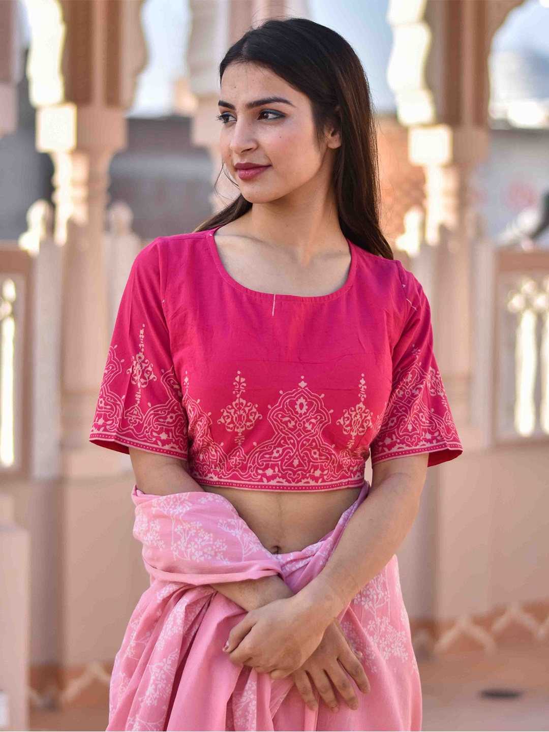 

Chidiyaa Women Pink Ethnic Motifs Cut Out Details Blouse