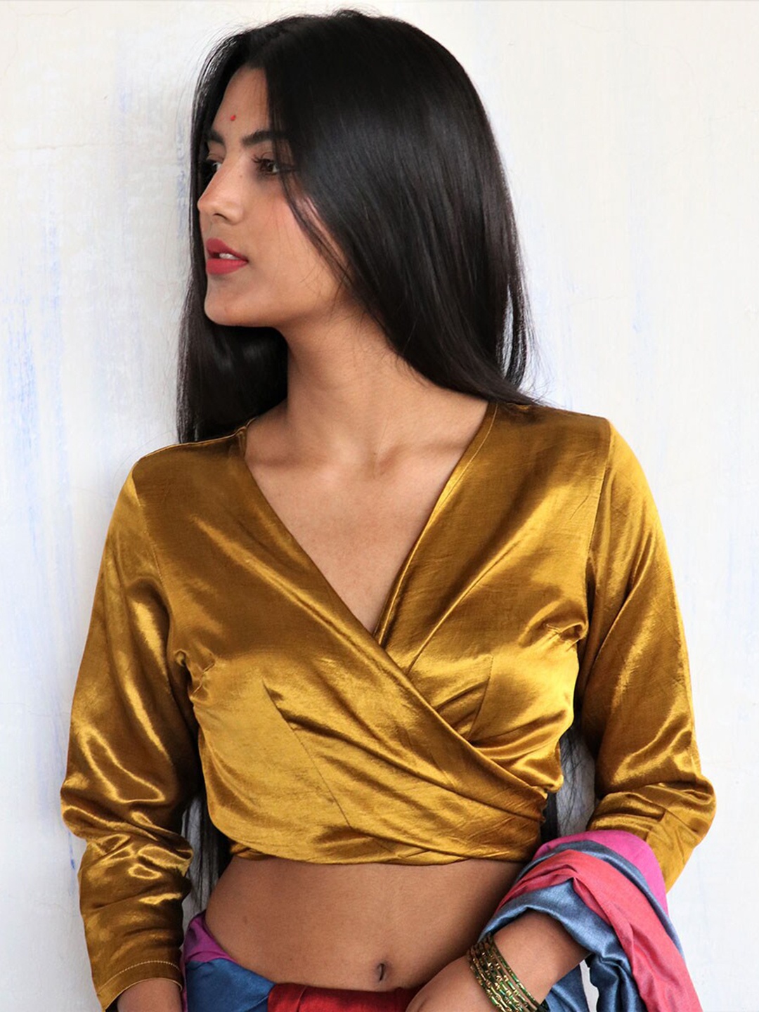 

Chidiyaa Women Mustard Wrap Crop Top-Type Silk Saree Blouse